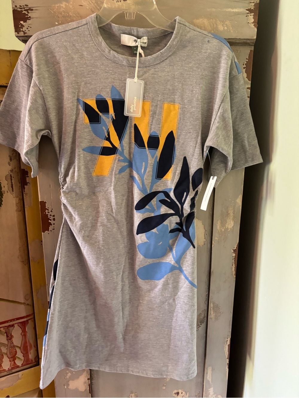 Women Gray Graphic Tee dress with Blue & Gold Leaf Print